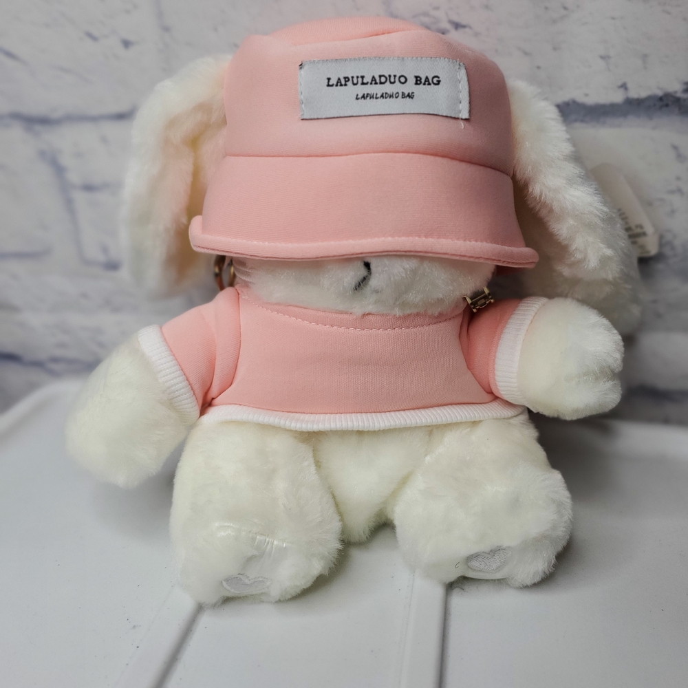 (PURSE) Pink and White Bunny Plush with Hat And Sweater